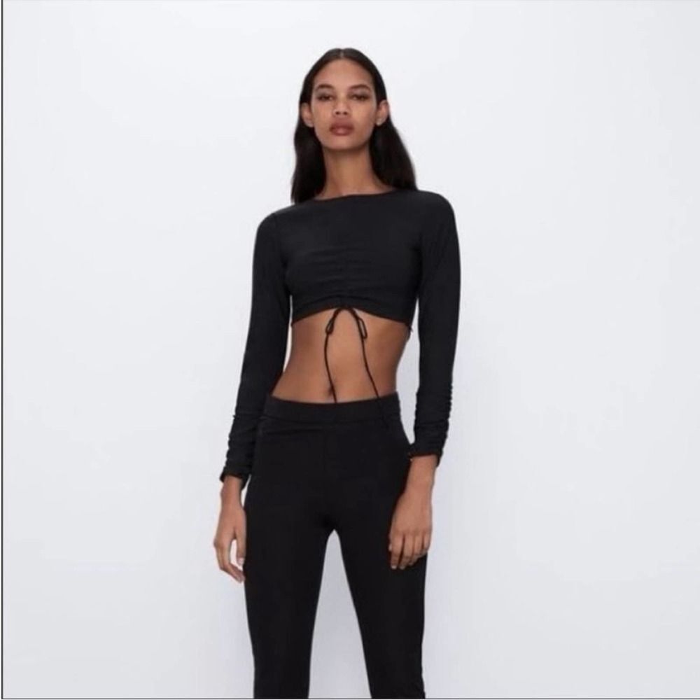 Zara EUC Tech Cropped Top Black Size S Long Sleeve Athletic Sporty Ties